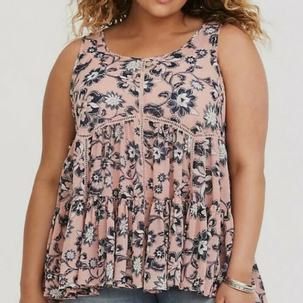 Pink Floral Lace-Up Chiffon Tank